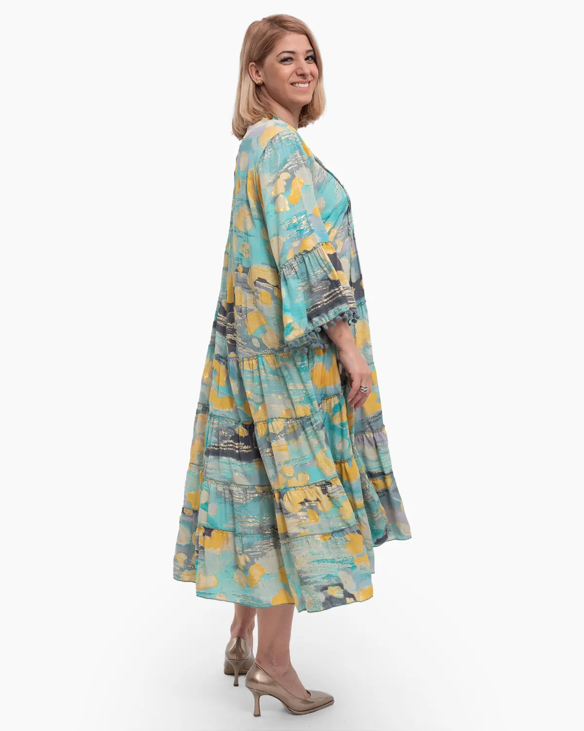 Rochie midi multicoloră din mătase cu mâneci largi și pliuri la piept [3]
