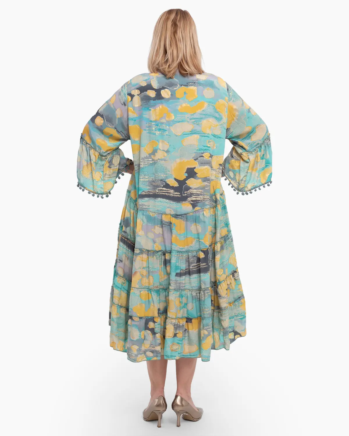 Rochie midi multicoloră din mătase cu mâneci largi și pliuri la piept [2]
