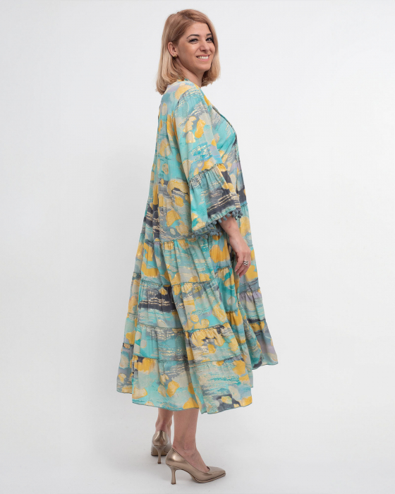 Rochie midi multicoloră din mătase cu mâneci largi și pliuri la piept [3]