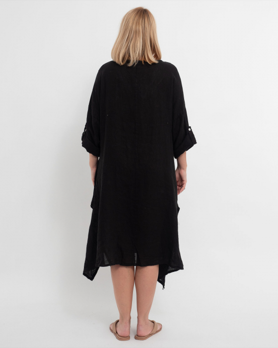 Rochie midi neagră din in cu broderie, despicată în laterale și croială kimono [2]