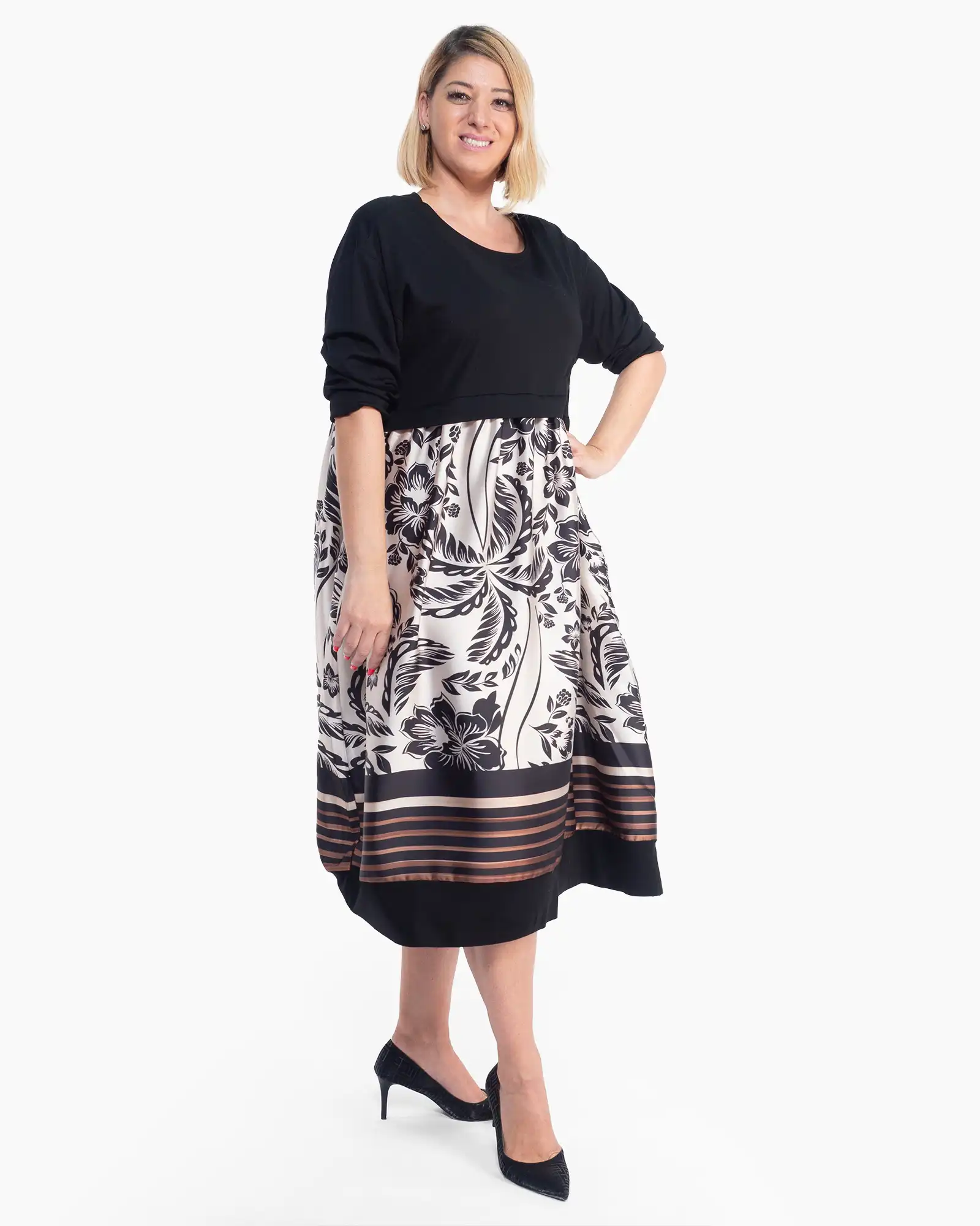 Rochie midi neagră elegantă cu imprimeu artistic și linie fluidă [3]
