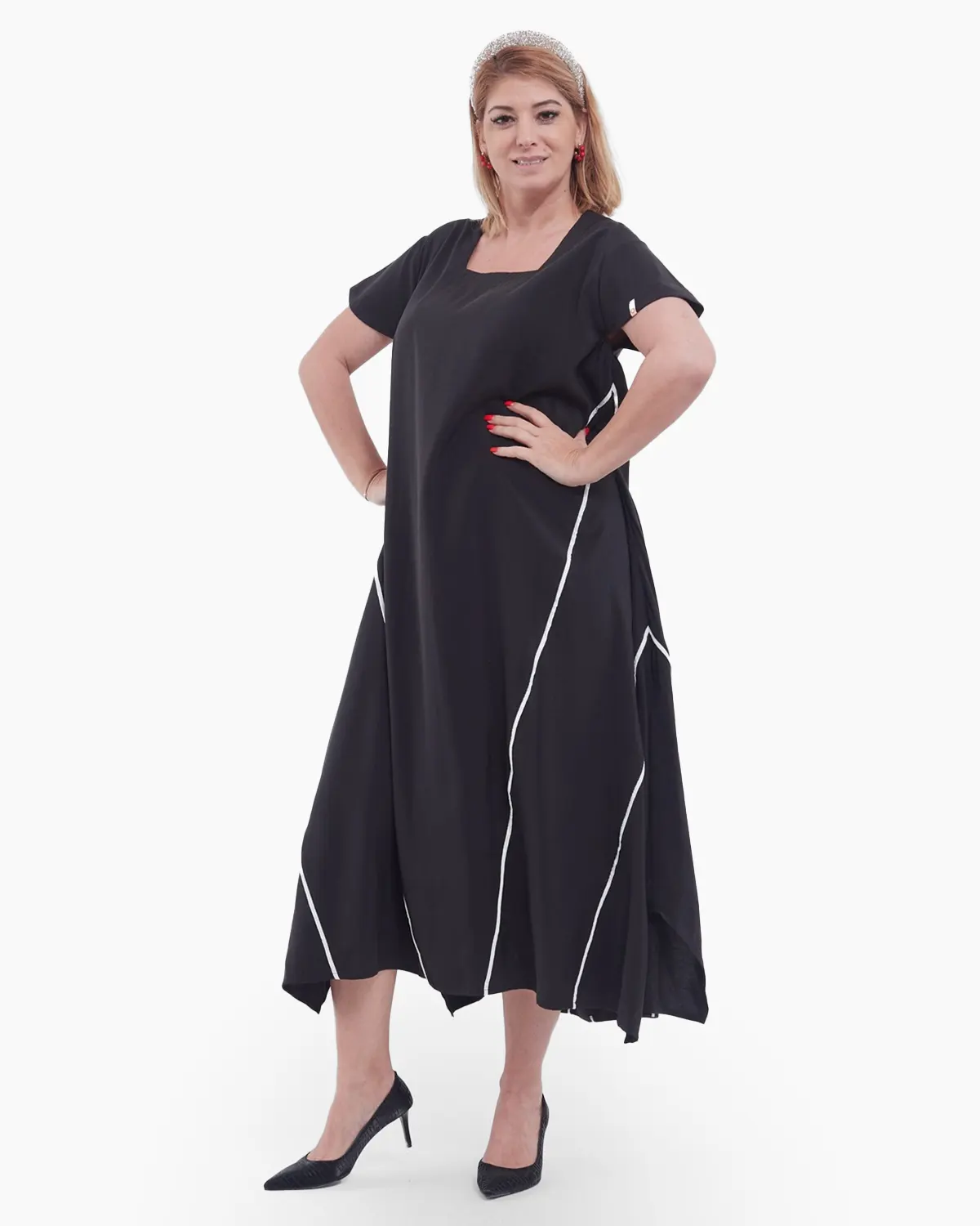 Rochie midi neagră elegantă din tencel cu croială A și decolteu pătrat [2]