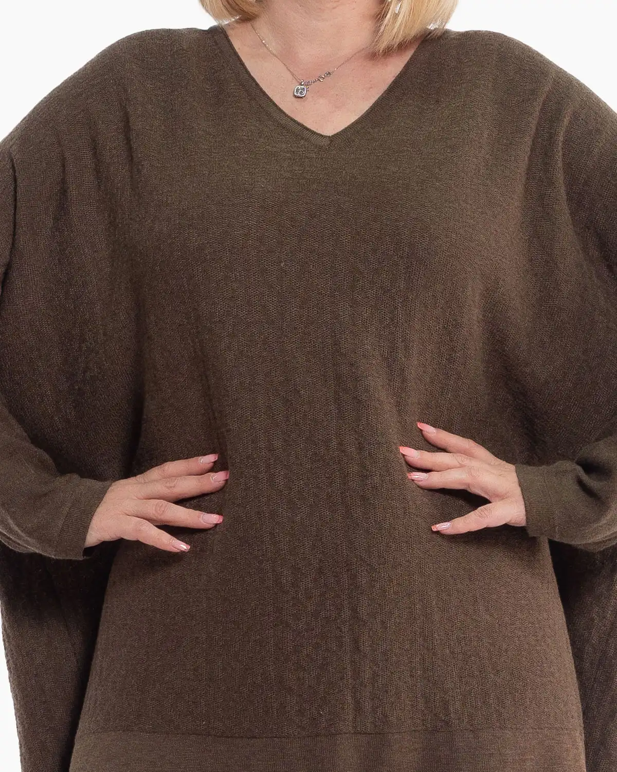 Rochie midi tricotată bej-fango din lână cu eșarfă asortată [5]
