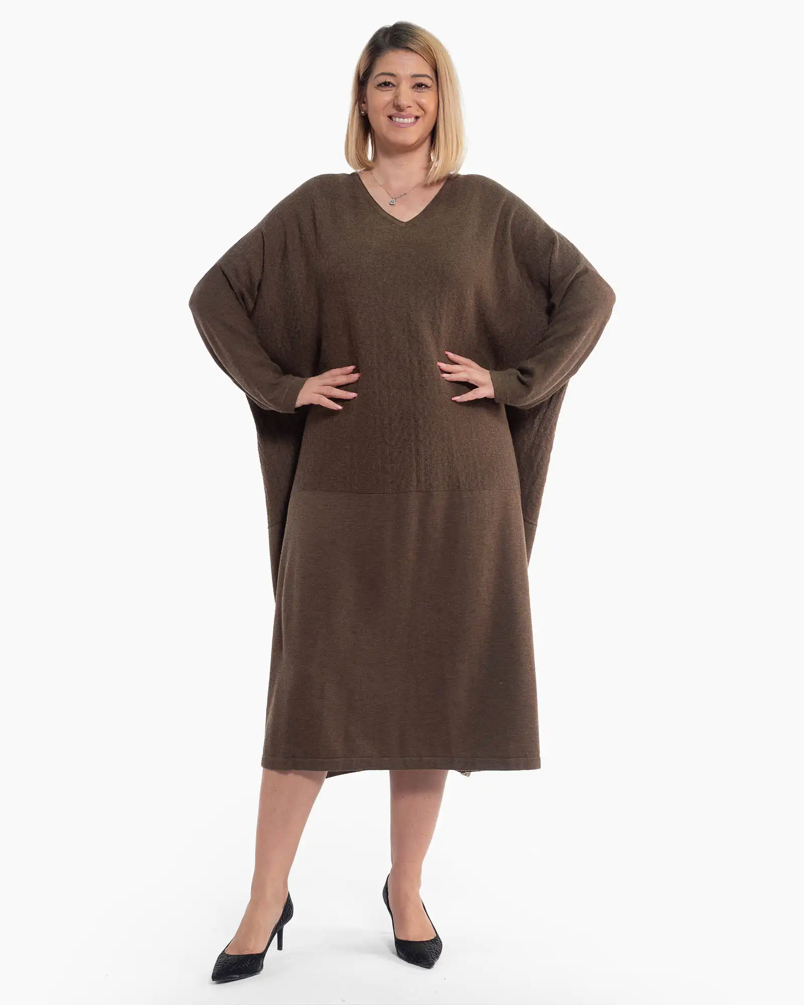 Rochie midi tricotată bej-fango din lână cu eșarfă asortată [4]
