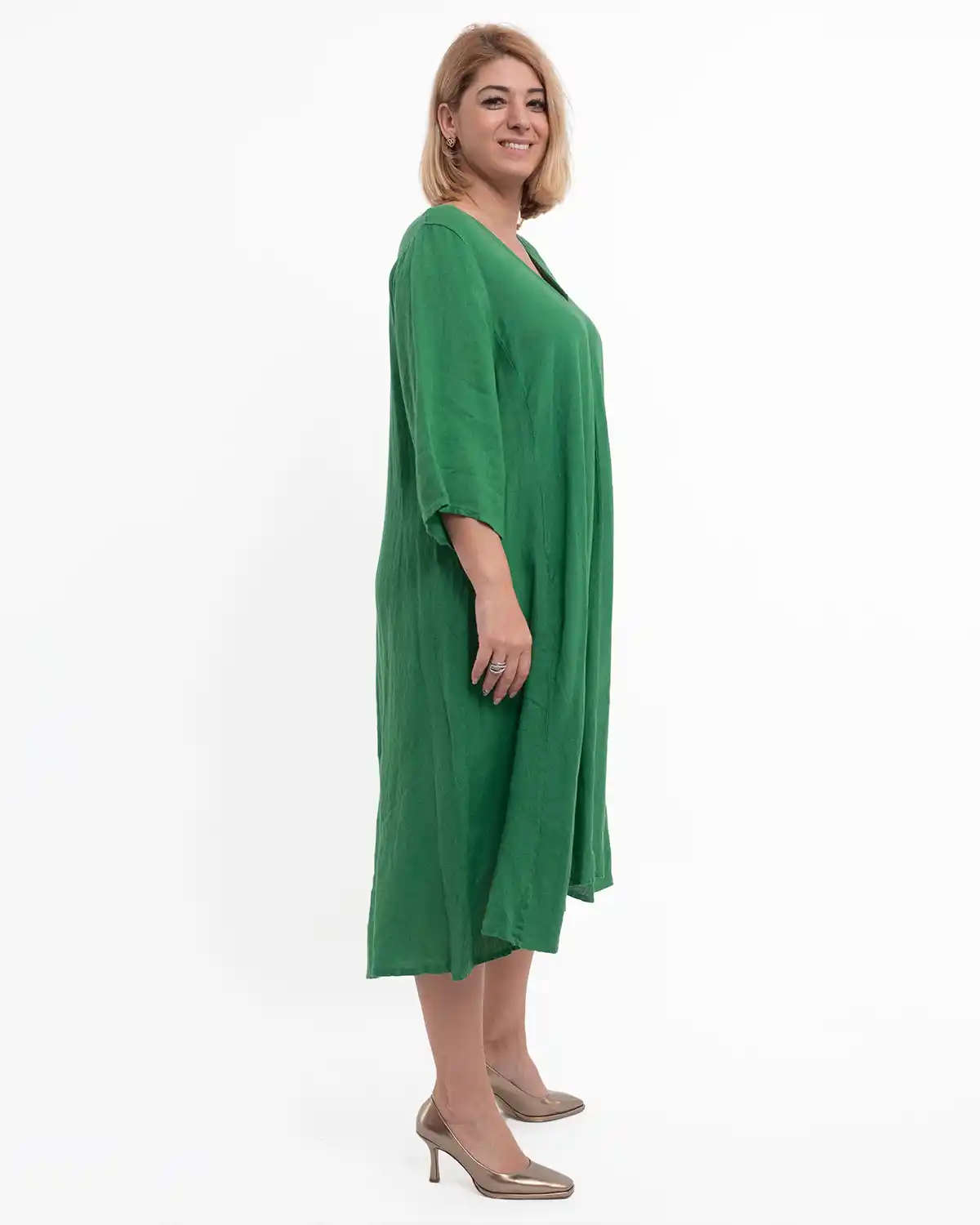 Rochie midi verde din in cu decolteu în V [3]