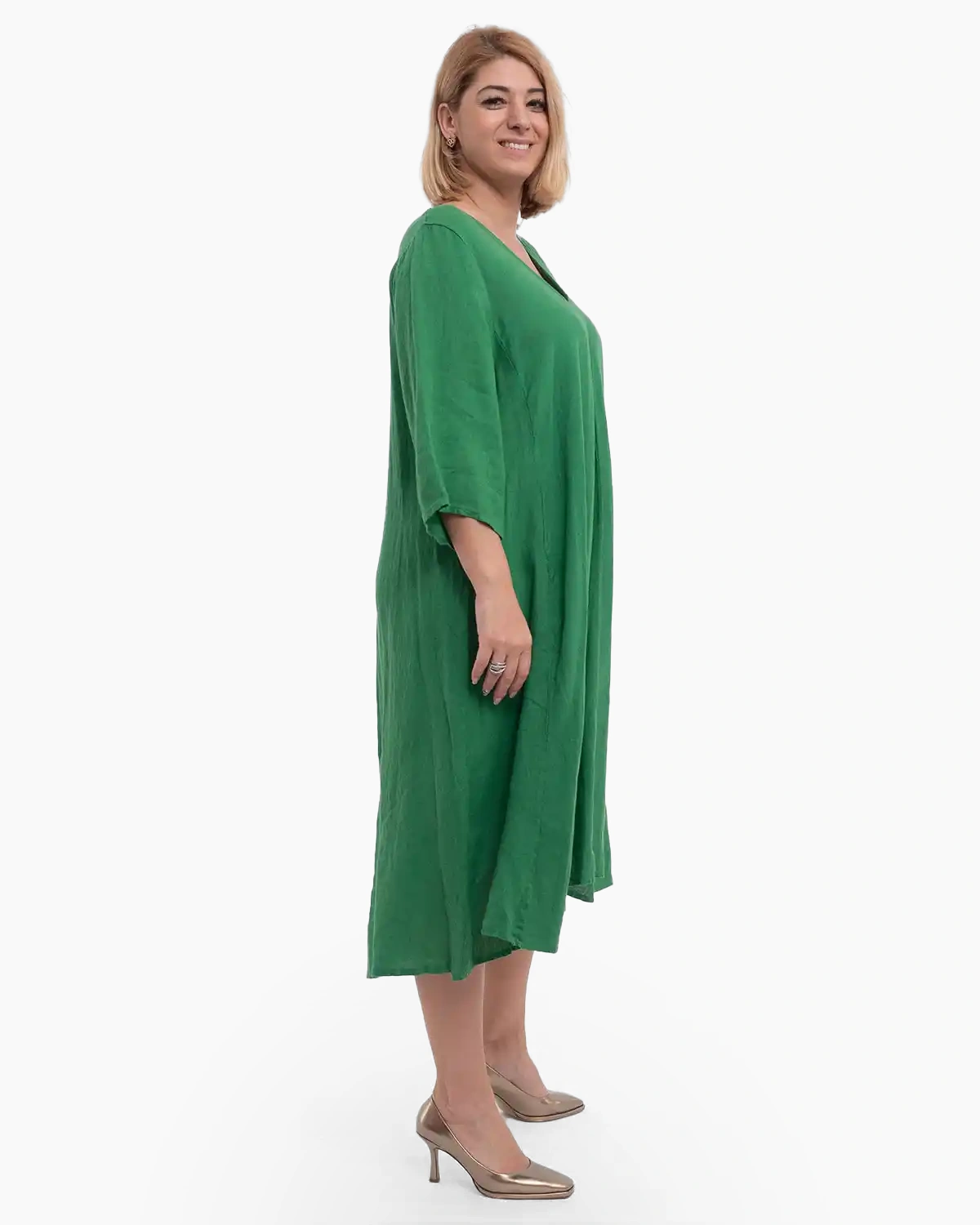 Rochie midi verde din in cu decolteu în V [3]