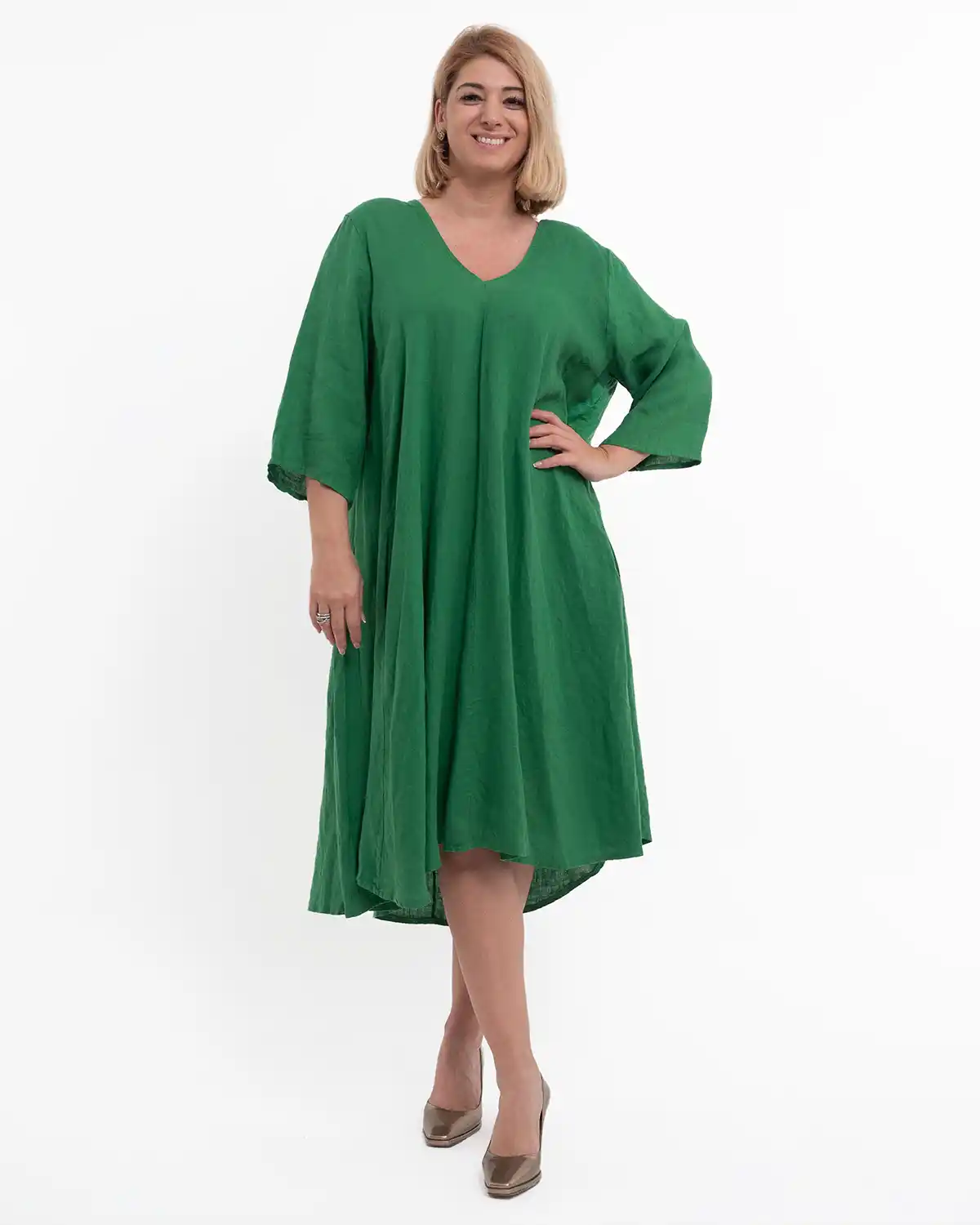 Rochie midi verde din in cu decolteu în V [1]