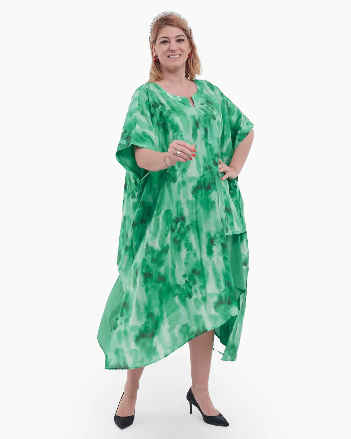 Rochie midi verde elegantă din tencel cu croială asimetrică și umeri căzuți [2]