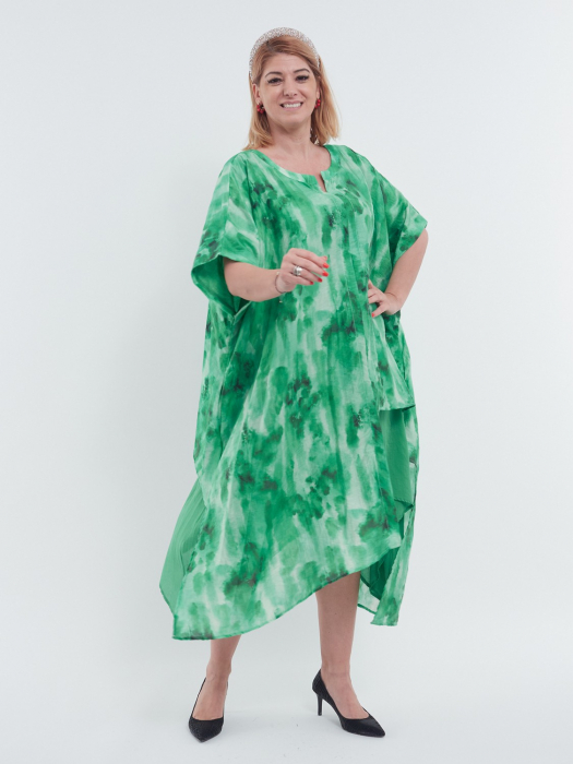 Rochie midi verde elegantă din tencel cu croială asimetrică și umeri căzuți [2]