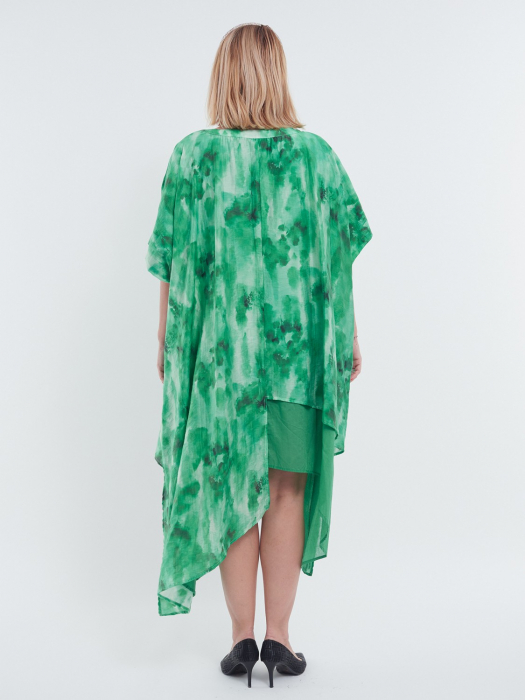Rochie midi verde elegantă din tencel cu croială asimetrică și umeri căzuți [3]