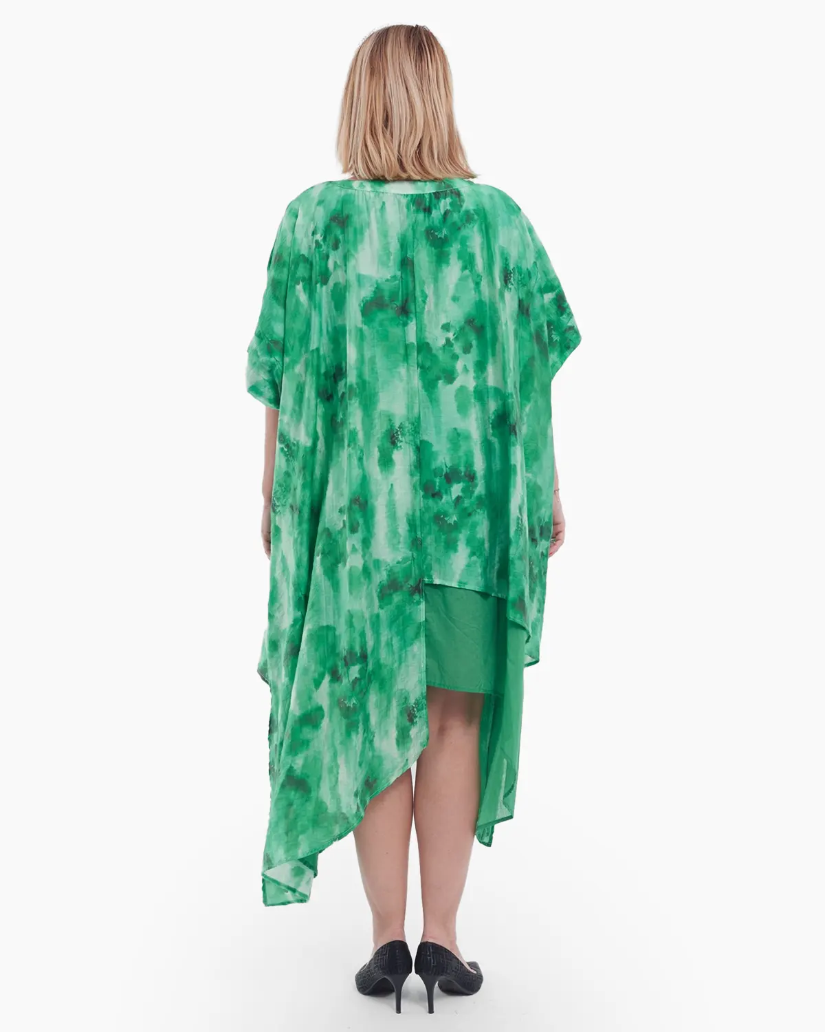 Rochie midi verde elegantă din tencel cu croială asimetrică și umeri căzuți [3]