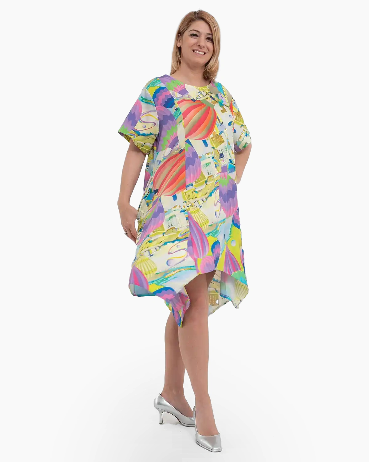 Rochie mov asimetrică cu laterale lungi, buzunare și cusături decorative [3]