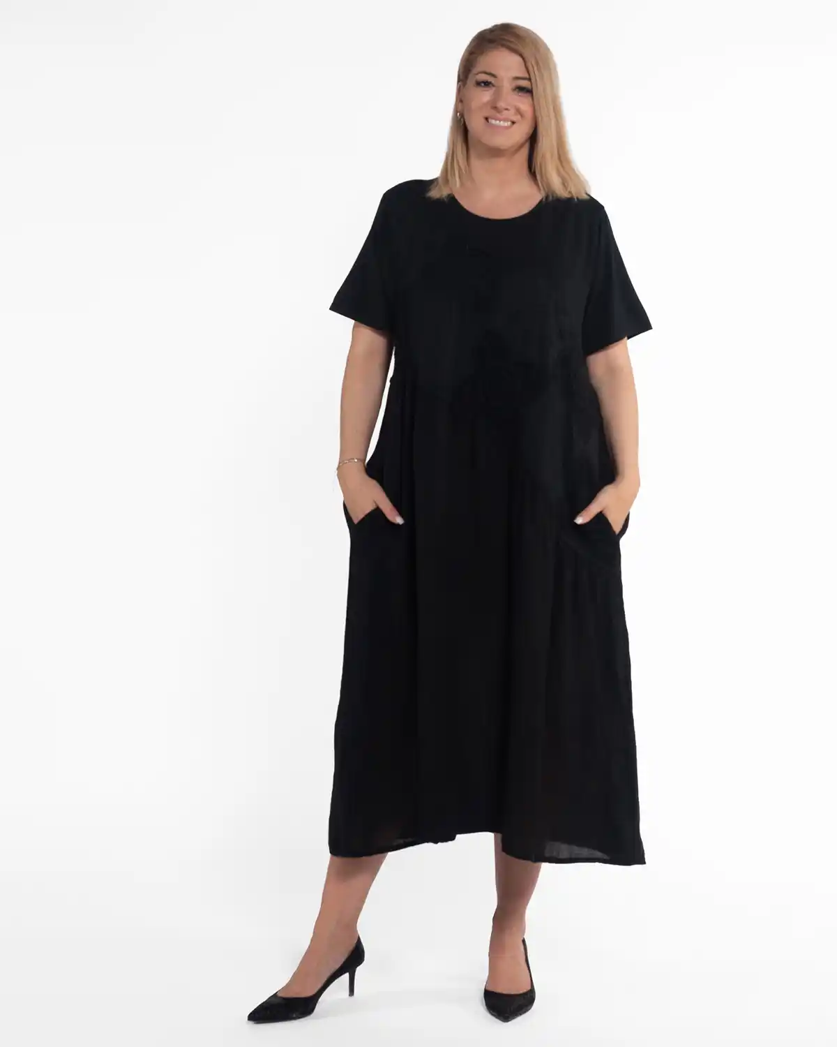 Rochie naturală midi din in cu flori macrame [4]