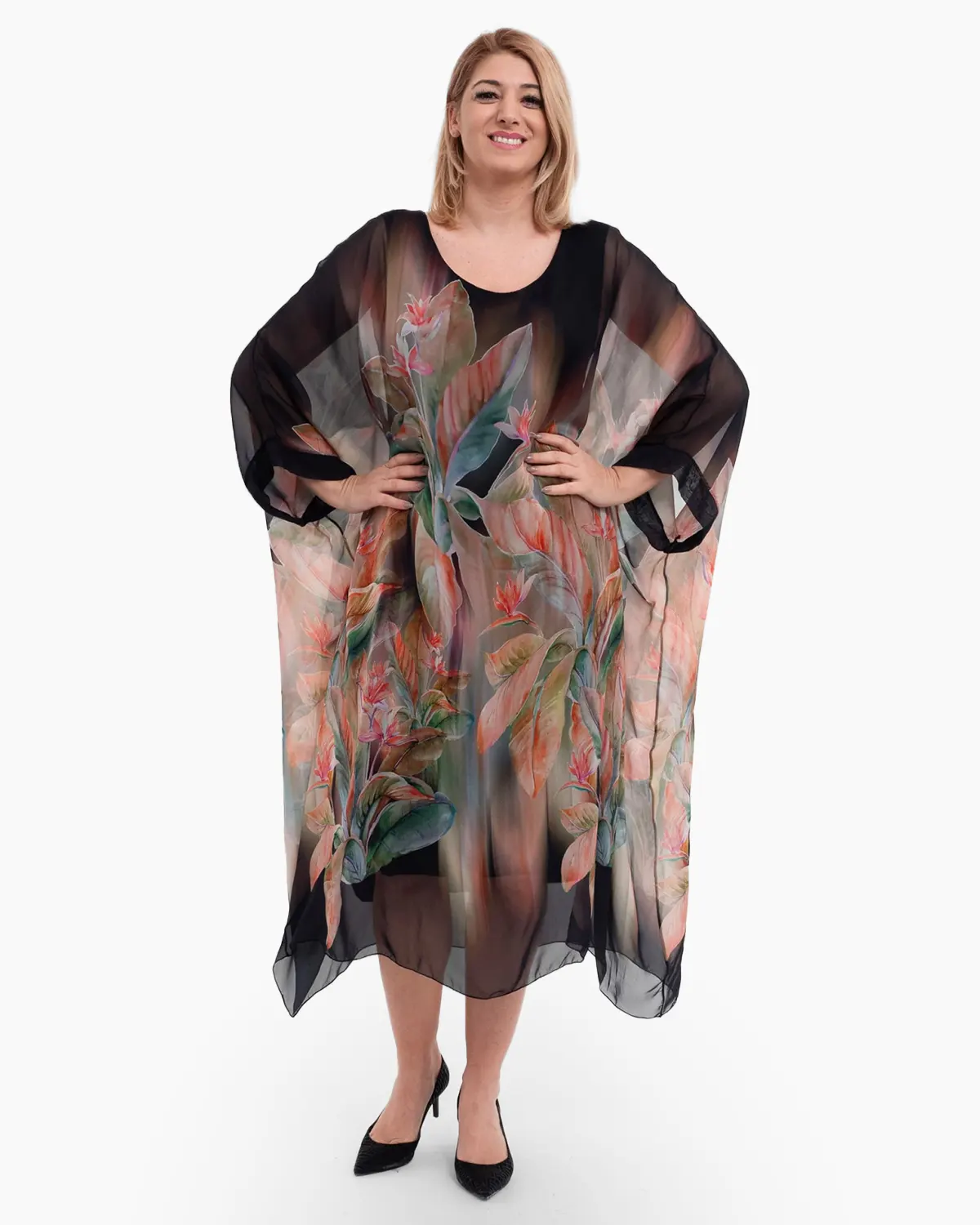 Rochie neagra cu matase si imprimeu floral rosu si verde [3]