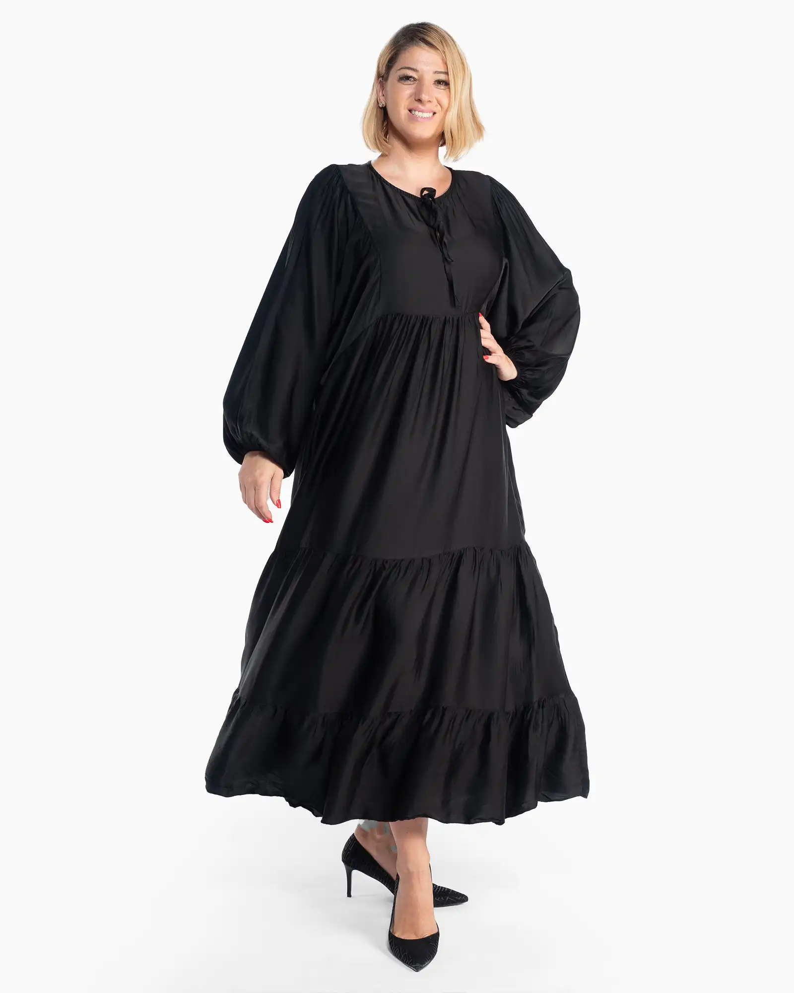 Rochie neagră elegantă cu volane fluide și mâneci bufante [3]