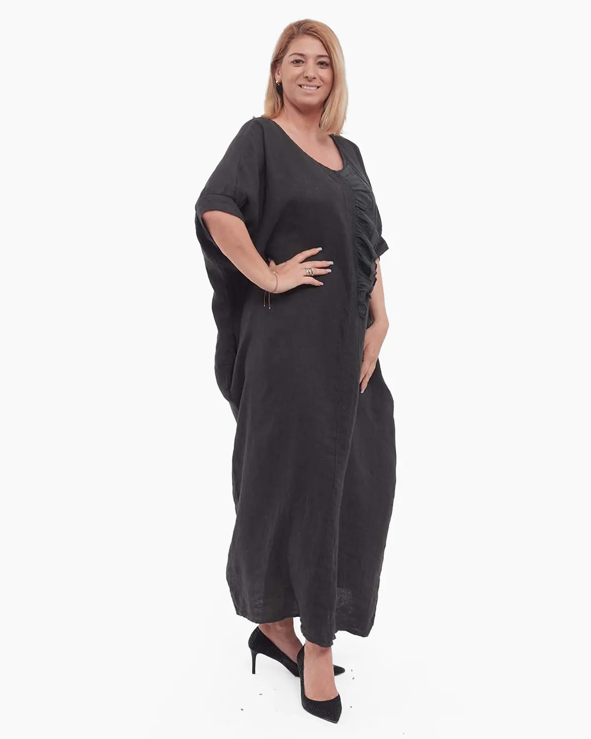Rochie neagră maxi din in stil minimalist lejeră [3]