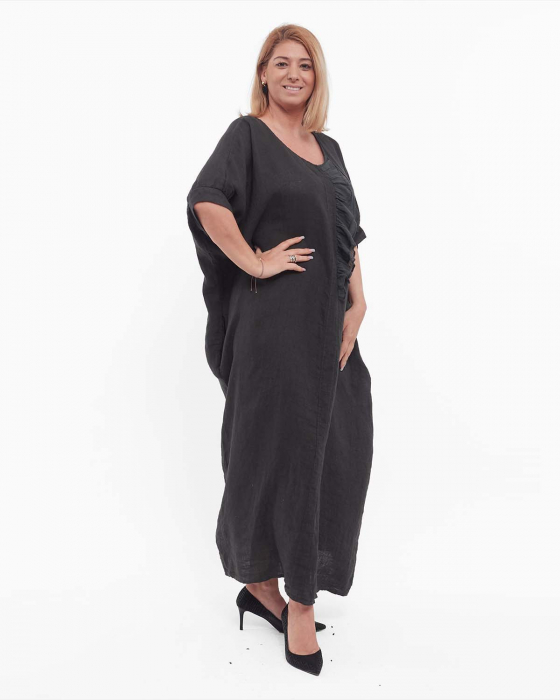 Rochie neagră maxi din in stil minimalist lejeră [3]