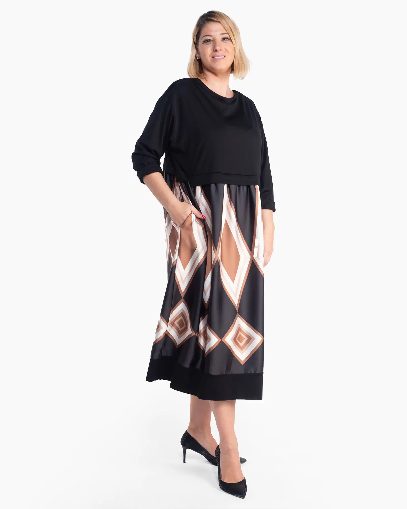 Rochie neagră midi elegantă cu imprimeu geometric și linie fluidă [3]