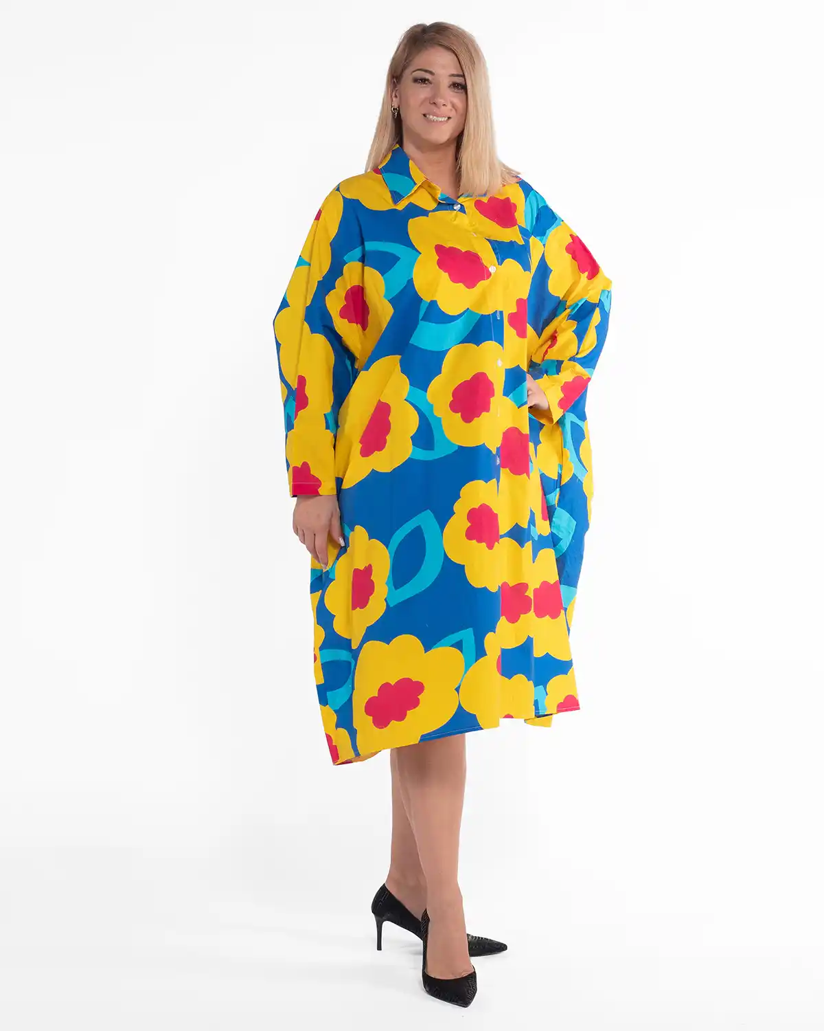 Rochie oversize multicoloră din bumbac cu imprimeu floral și buzunare ascunse [4]