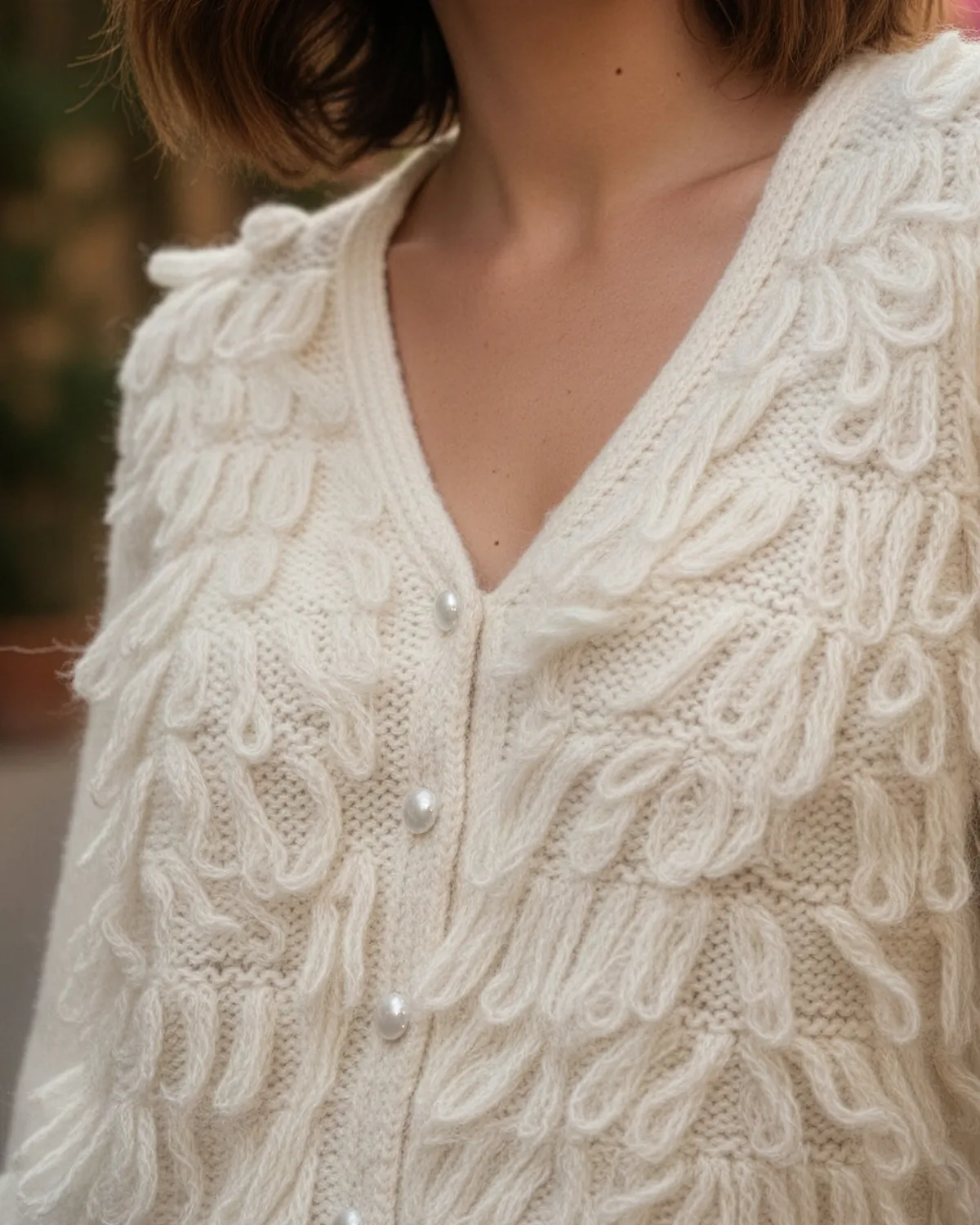 Pulover tricotat cu franjuri și nasturi perlă, bej deschis [5]