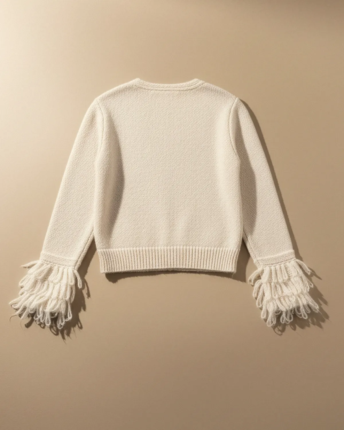 Pulover tricotat cu franjuri și nasturi perlă, bej deschis [2]