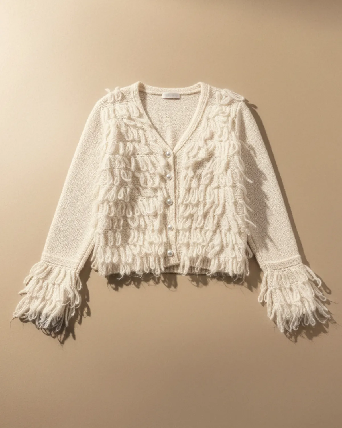 Pulover tricotat cu franjuri și nasturi perlă, bej deschis [1]