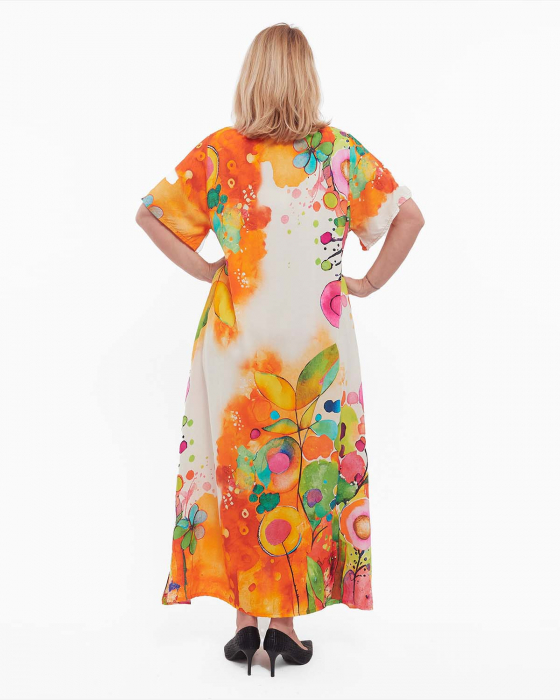 Rochie portocalie maxi smart casual cu imprimeu floral din vâscoză [2]