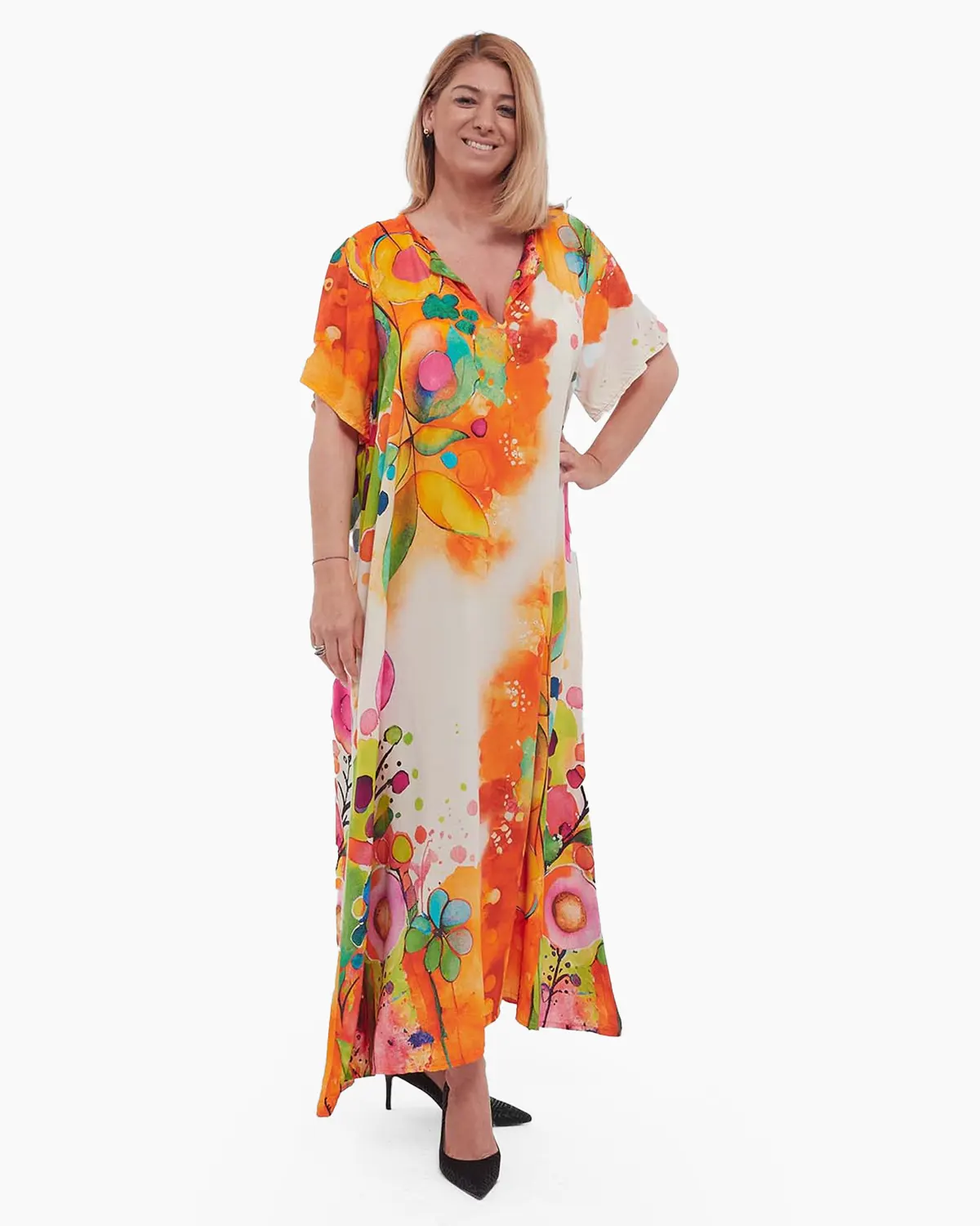 Rochie portocalie maxi smart casual cu imprimeu floral din vâscoză [3]