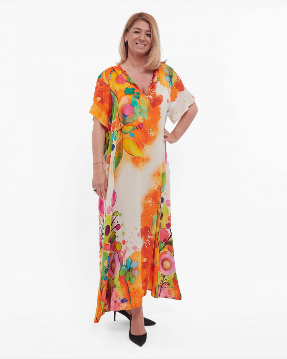 Rochie portocalie maxi smart casual cu imprimeu floral din vâscoză [3]