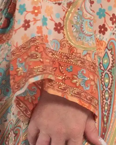Rochie portocalie maxi stil boho din mătase cu imprimeu arabesque [4]