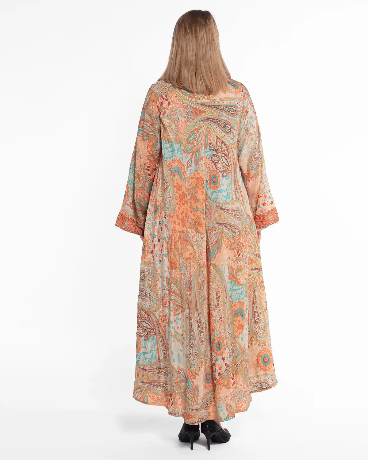 Rochie portocalie maxi stil boho din mătase cu imprimeu arabesque [2]
