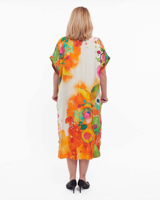 Rochie portocalie midi lejeră din vâscoză cu imprimeu floral în stil smart casual [2]
