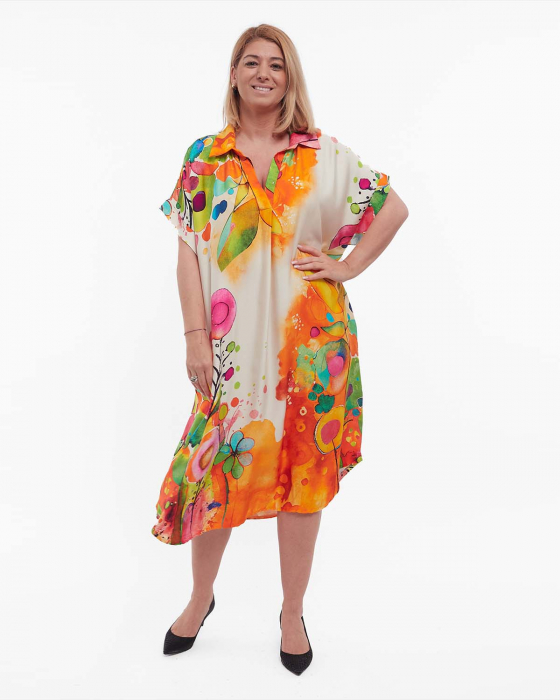 Rochie portocalie midi lejeră din vâscoză cu imprimeu floral în stil smart casual [1]