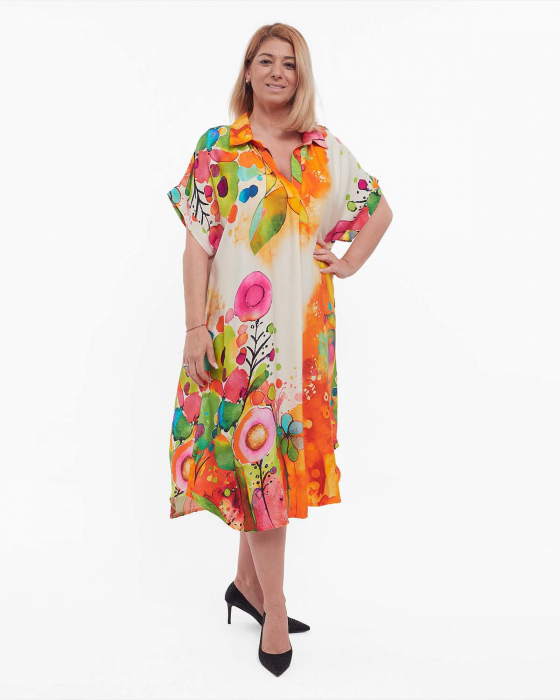 Rochie portocalie midi lejeră din vâscoză cu imprimeu floral în stil smart casual [3]