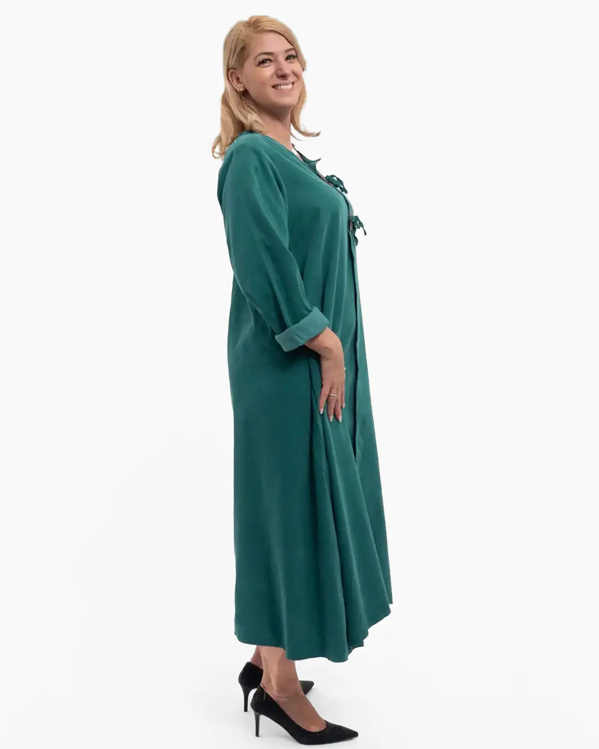 Rochie raiată lungă din bumbac cu nasturi la piept verde [3]