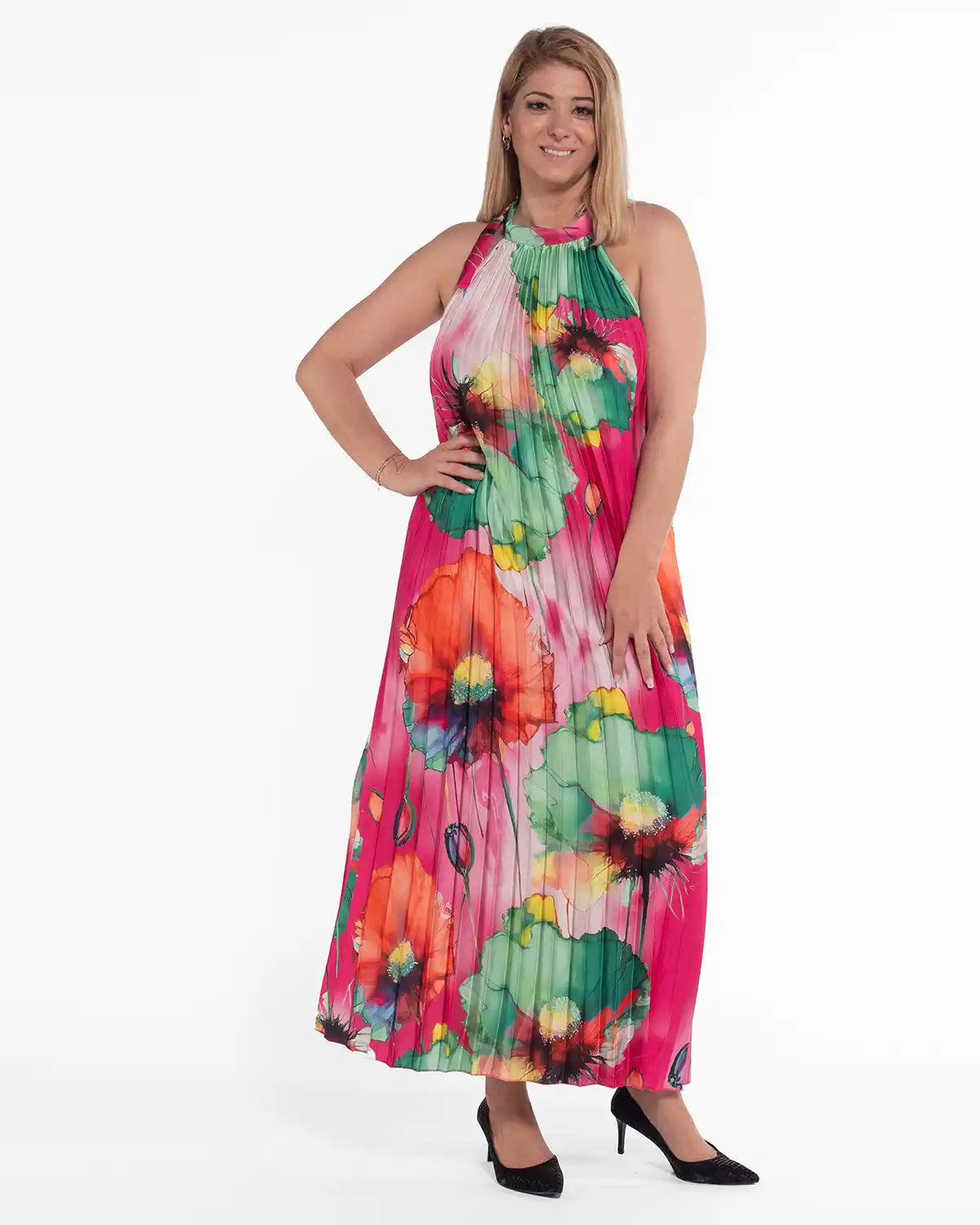 Rochie roșie maxi plisată stil glam cu imprimeu floral [1]