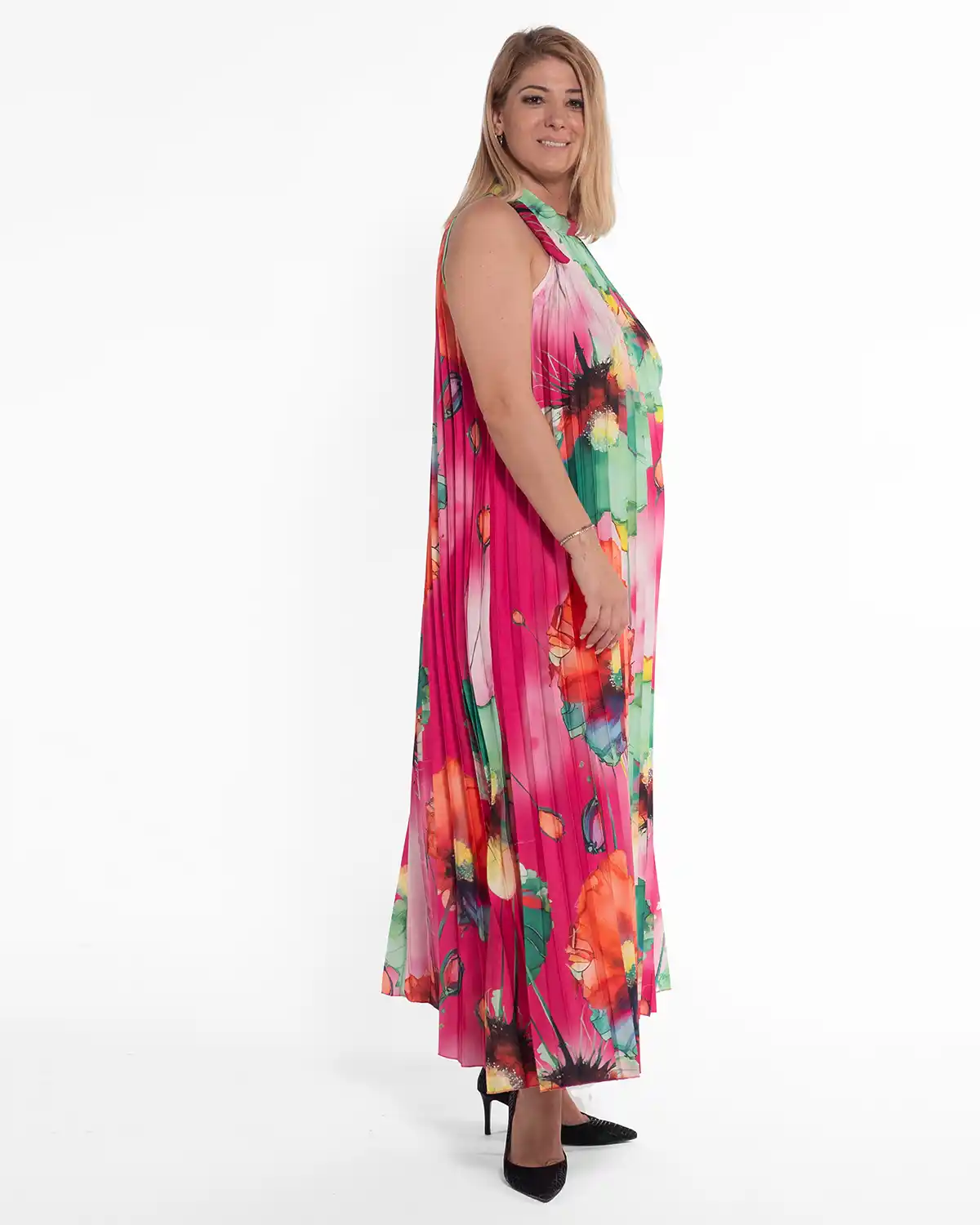Rochie roșie maxi plisată stil glam cu imprimeu floral [4]