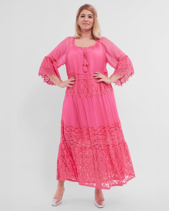 Rochie roz deschis, cu matase si dantela si decolteu accesorizat cu snur [3]