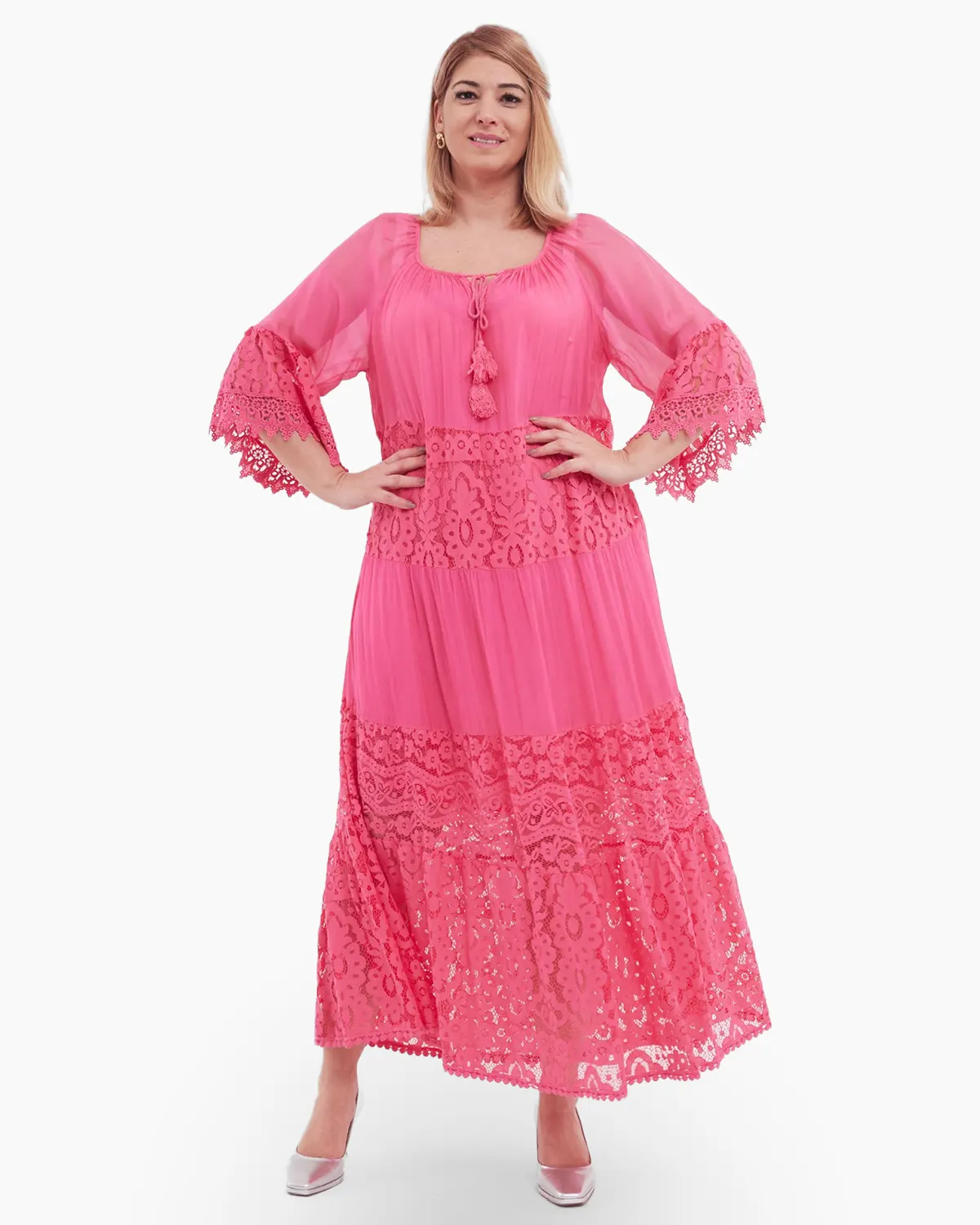 Rochie roz deschis, cu matase si dantela si decolteu accesorizat cu snur [3]