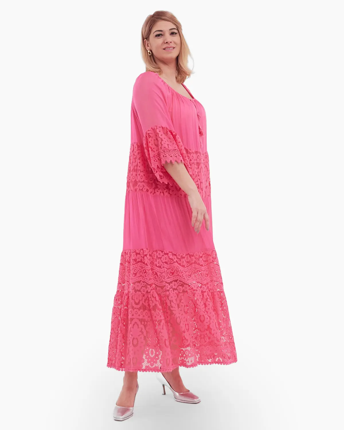 Rochie roz deschis, cu matase si dantela si decolteu accesorizat cu snur [2]