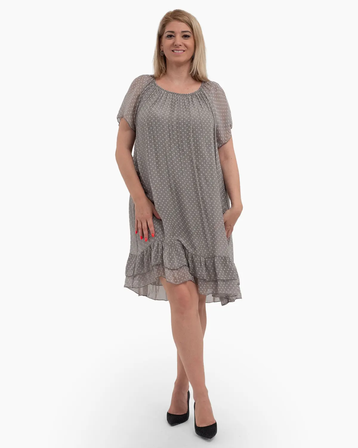 Rochie scurtă bej fango din mătase și vâscoză cu buline [1]