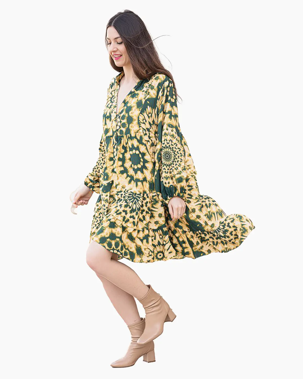 Rochie tip bluza, pe fond verde cu galben [2]