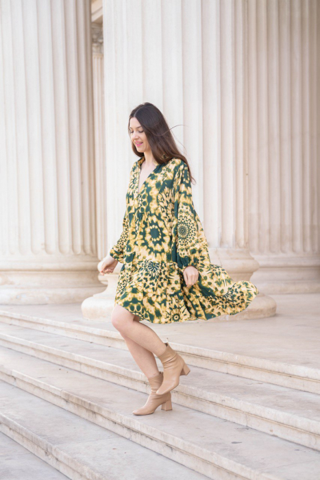 Rochie tip bluza, pe fond verde cu galben [2]