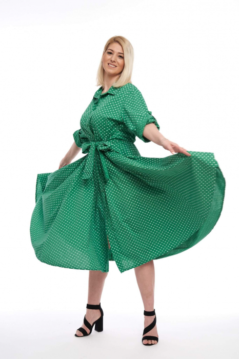 Rochie tip cămașă verde cu buline și cordon [2]
