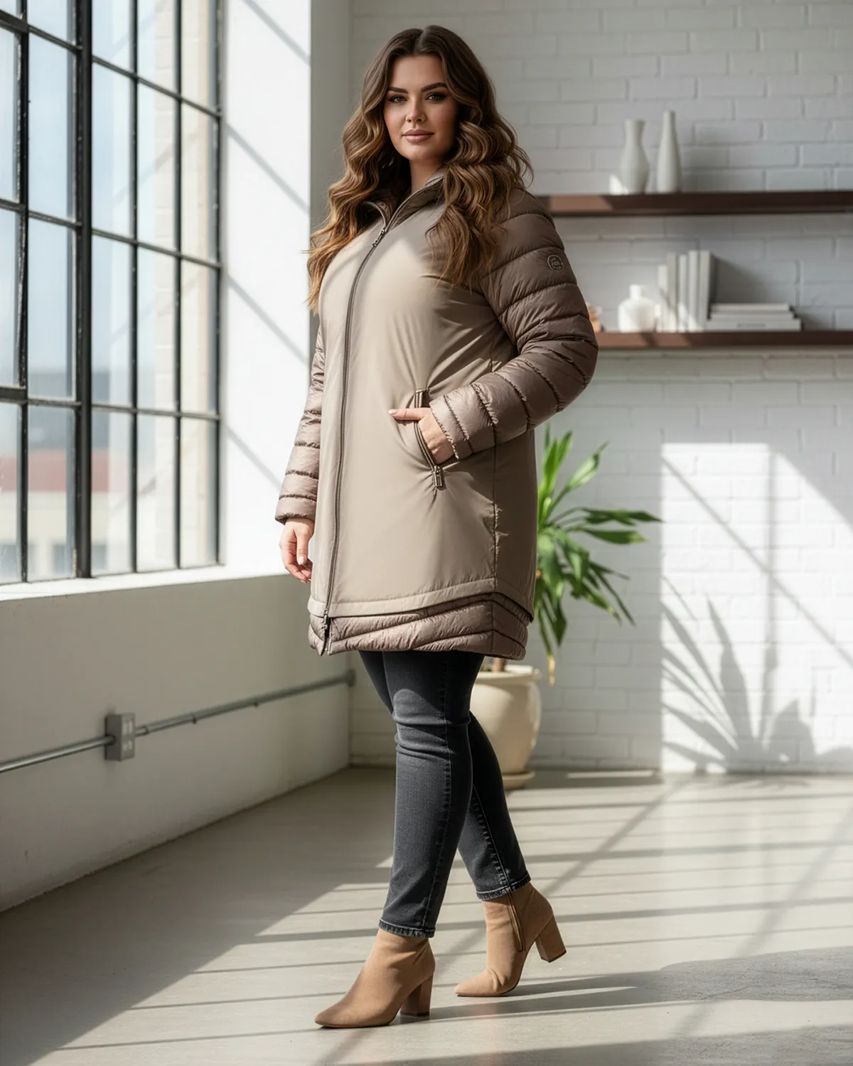 Geacă iarnă midi groasă din fâș matlasat, bej fango [4]