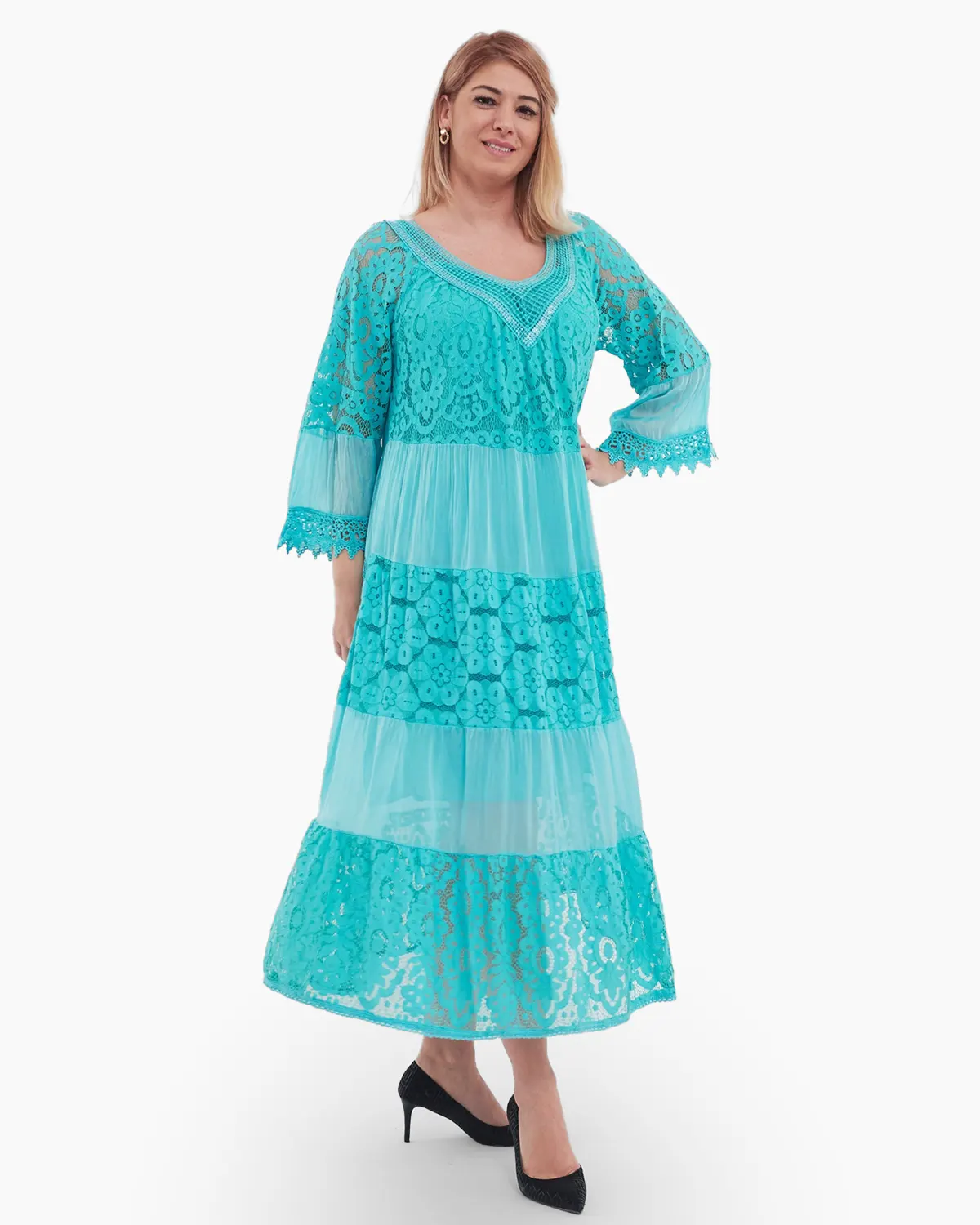 Rochie turcoaz deschis, cu matase si dantela [1]