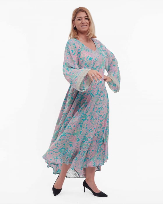 Rochie turcoaz fluidă maxi din mătase cu imprimeu floral stil boho [4]