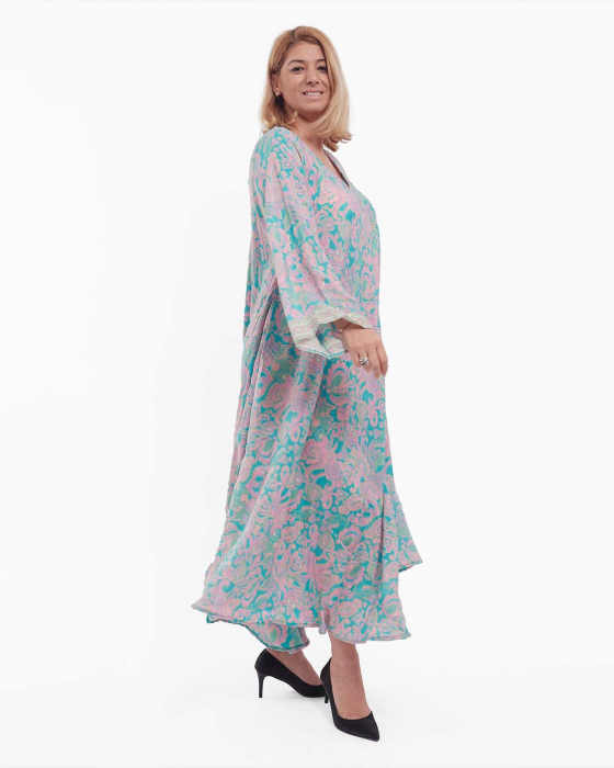 Rochie turcoaz fluidă maxi din mătase cu imprimeu floral stil boho [3]