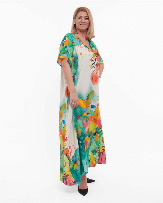 Rochie turcoaz maxi smart casual din vâscoză cu imprimeu floral și mâneci dolman [3]