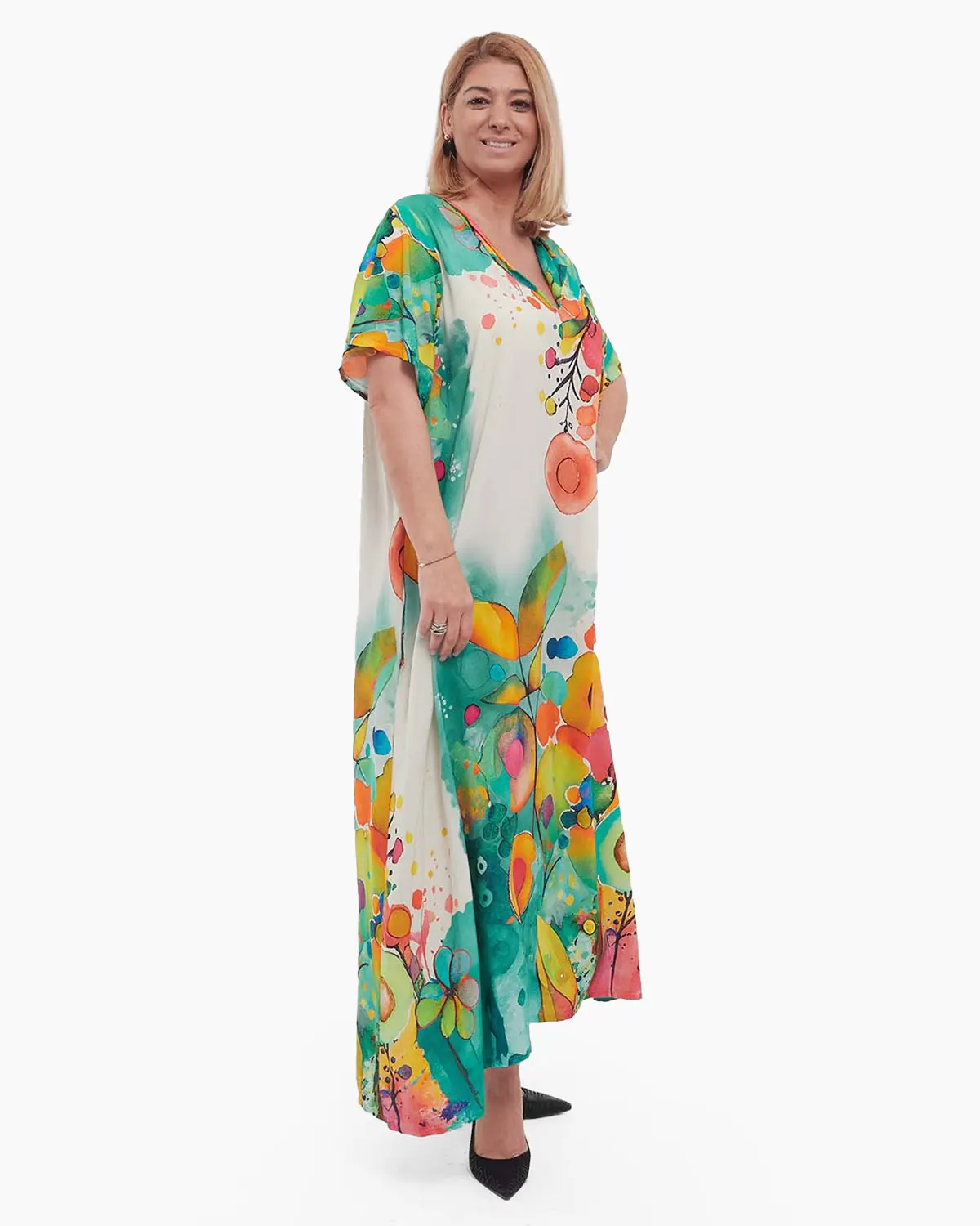 Rochie turcoaz maxi smart casual din vâscoză cu imprimeu floral și mâneci dolman [3]